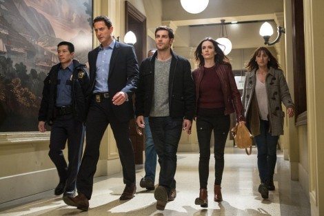 GRIMM -- "Tribunal" Episode 410 -- Pictured: (l-r) Reggie Lee as Sgt. Wu, Sasha Roiz as Captain Renard, David Giuntoli as Nick Burkhardt, Bitsie Tulloch as Juliette Silverton, Bree Turner as Rosalee Calvert -- (Photo by: Scott Green/NBC)