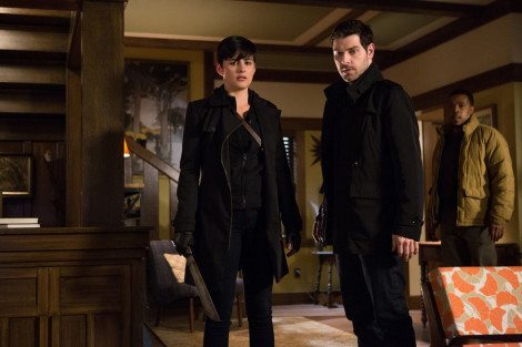 GRIMM -- "Headache" Episode 421 -- Pictured: (l-r) Jacqueline Toboni as Trubel, David Giuntoli as Nick Burkhardt, Russell Hornsby as Hank Griffin -- (Photo by: Scott Green/NBC)