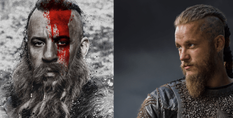 [Vin Diesel as Kaulder on left, Travis Fimmel as Ragnor Lothbrok from Vikings on right]