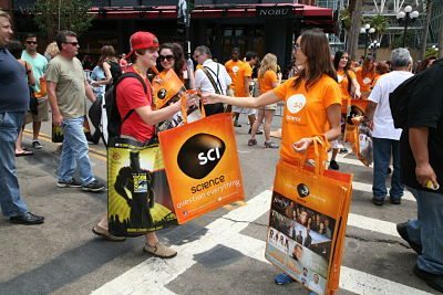 Science Channel team members hand out Science Channel Swag Bags to eager fans during the 2012 Comic Con Festival held on July 14th, 2012 in San Diego, CA. (Pictured: General Atmosphere) Photo by James Aranovsky/Elevation Photos for Discovery Communications