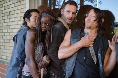 Steven Yeun as Glenn Rhee, Danai Gurira as Michonne, Andrew Lincoln as Rick Grimes, and Norman Reedus as Daryl Dixon - The Walking Dead _ Season 6, Episode 11 - Photo Credit: Gene Page/AMC