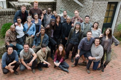 Steven Yeun as Glenn Rhee, Andrew Lincoln as Rick Grimes, Sonequa Martin-Green as Sasha, Melissa McBride as Carol Peletier, Corey Hawkins as Heath, Michael Cudlitz as Abraham, Danai Gurira as Michonne, Alanna Masterson as Tara Chambler, Lennie James as Morgan, Seth Gilliam as Father Gabriel, Lauren Cohan as Maggie Greene, Josh McDermitt as Dr. Eugene Porter, Ross Marquand as Aaron, Merritt Wever as Dr. Denise Cloyd, Tom Payne as Jesus, Jeremy Palko as Andy, Jason Douglas as Tobin, Mandi Kerr as Barbara, and Norman Reedus as Daryl Dixon - The Walking Dead _ Season 6, Episode 11 - Photo Credit: Gene Page/AMC